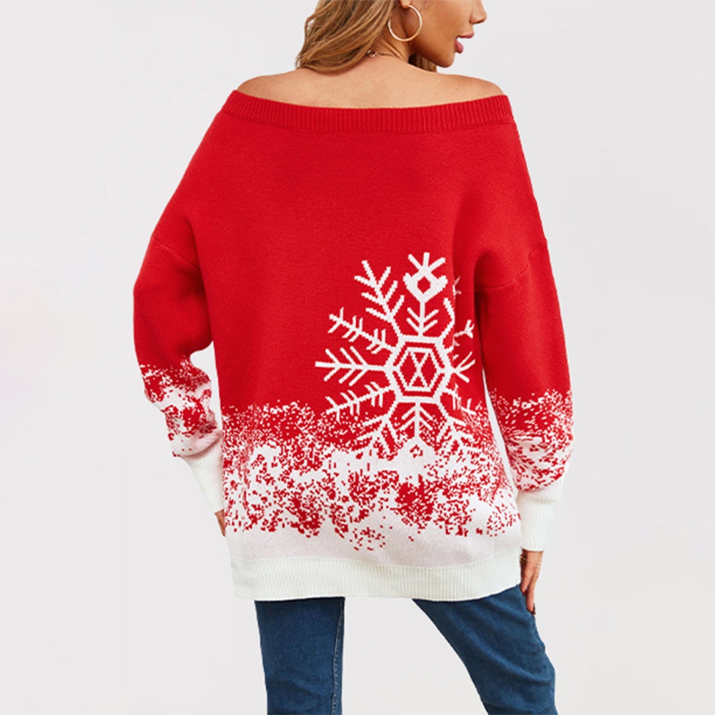 Women's Christmas Knit Sweater with Casual Cut and Snowflake Motif
