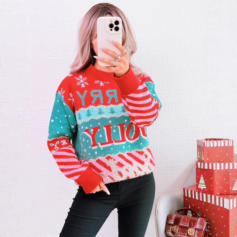 Women's Festive Knit Sweater with Creative Christmas Design R&B