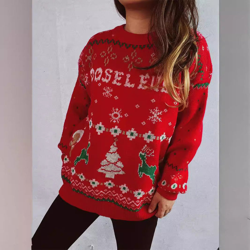 Women's Christmas Sweater with Festive Motif and Crew Neck