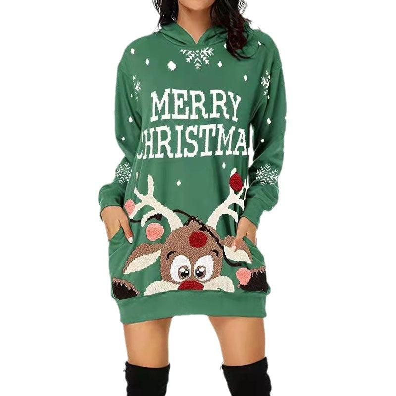 Women's Christmas Hooded Dress with Hood and Pockets