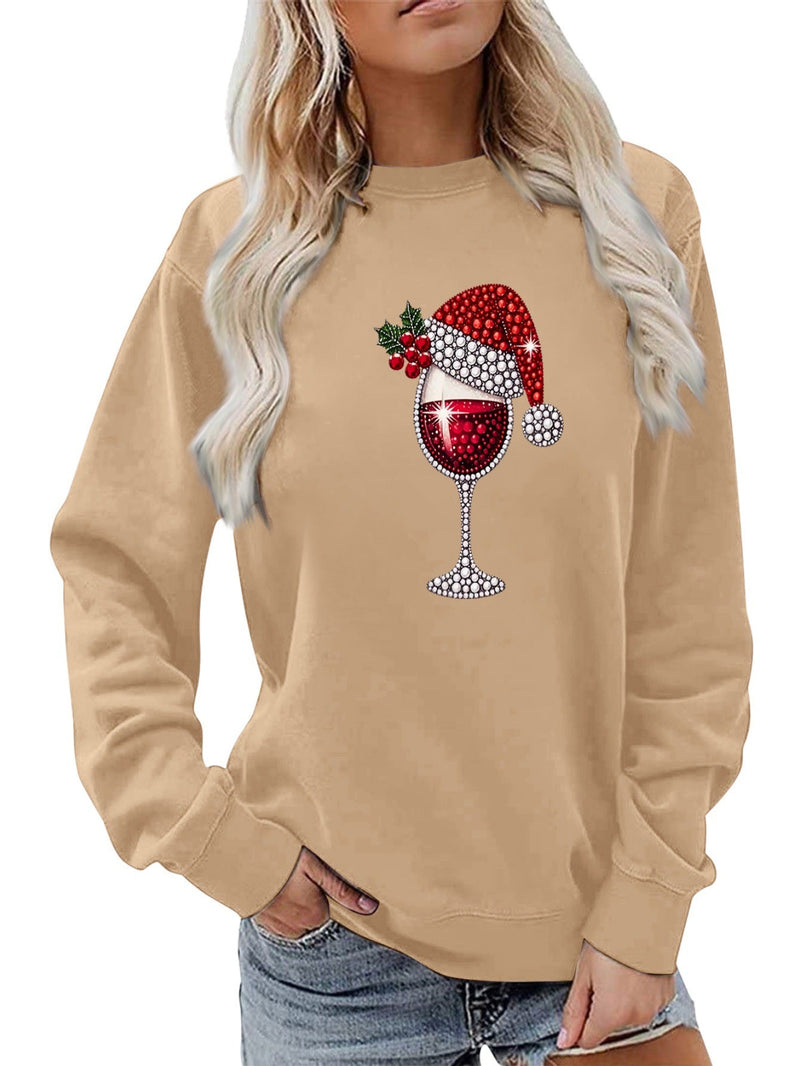 Women's Sweatshirt with Soft Lining and Festive Wine Motif