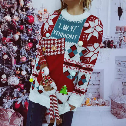 Women's Festive Sweater with Wintry Snowman Motif and Decorative Details