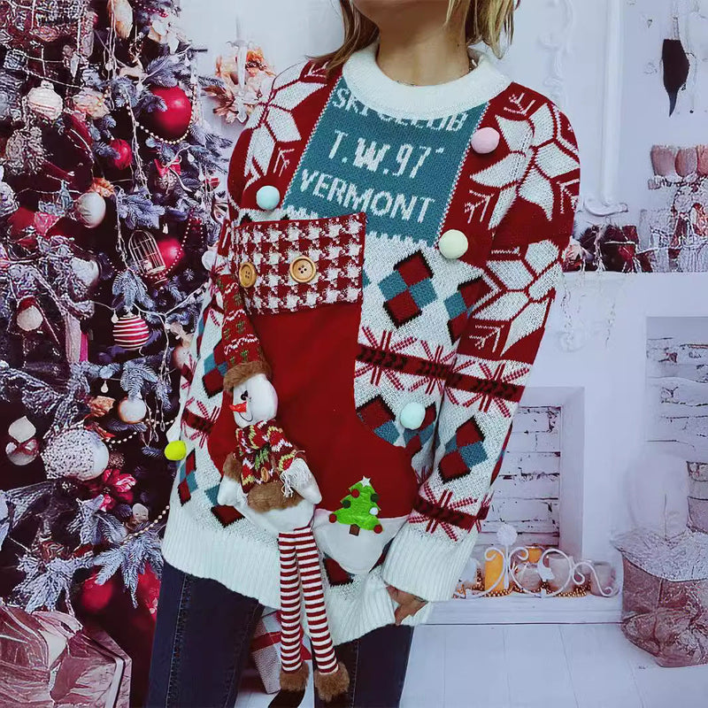Women's Festive Sweater with Wintry Snowman Motif and Decorative Details