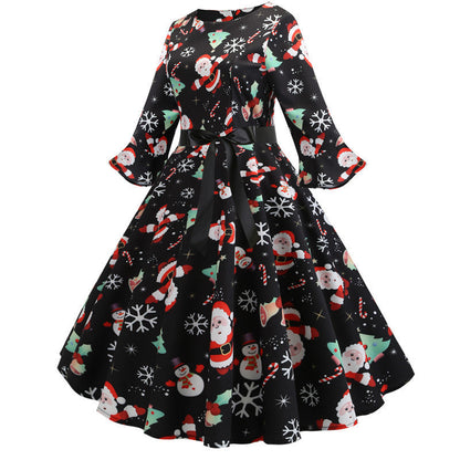 Women's Christmas Festive Dress with Swing Skirt and Long Sleeves