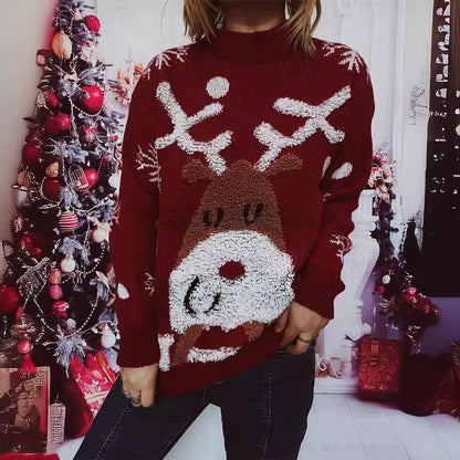 Women's Christmas Sweater with Festive Reindeer Motif and Textured Knit R&B