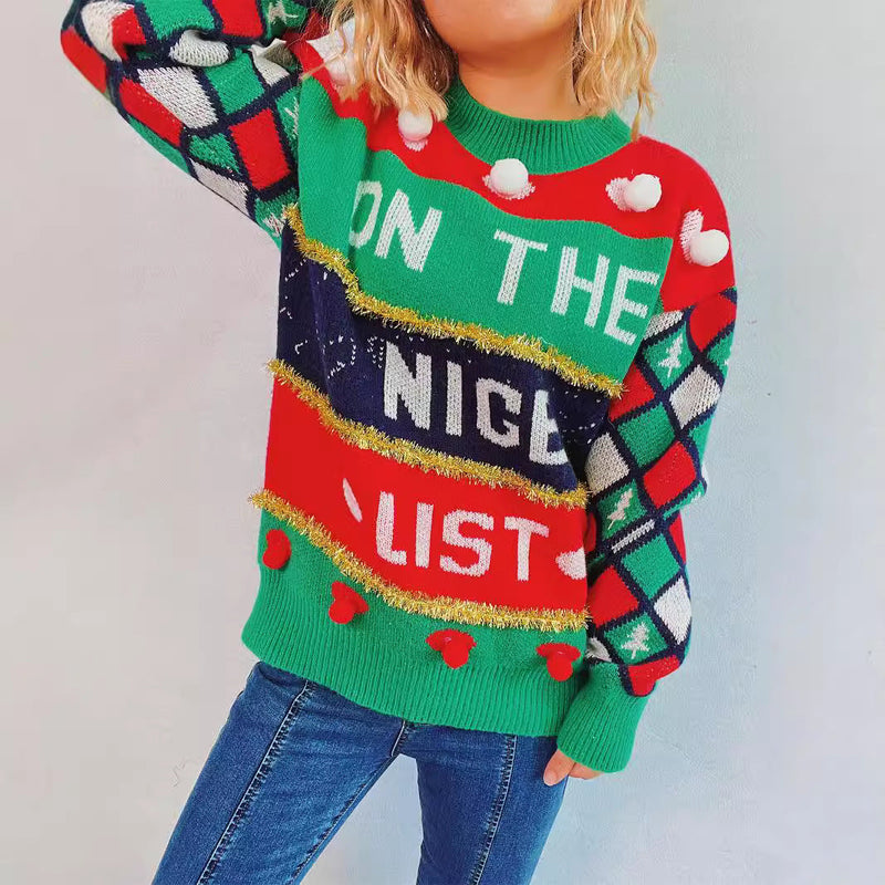 Women's Festive Sweater with Christmas Design and Playful Details