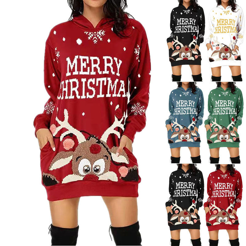 Women's Christmas Hooded Dress with Hood and Pockets R&B