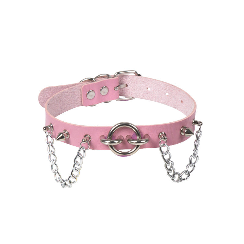 Personality O-ring Rivet Chain Pu Necklace