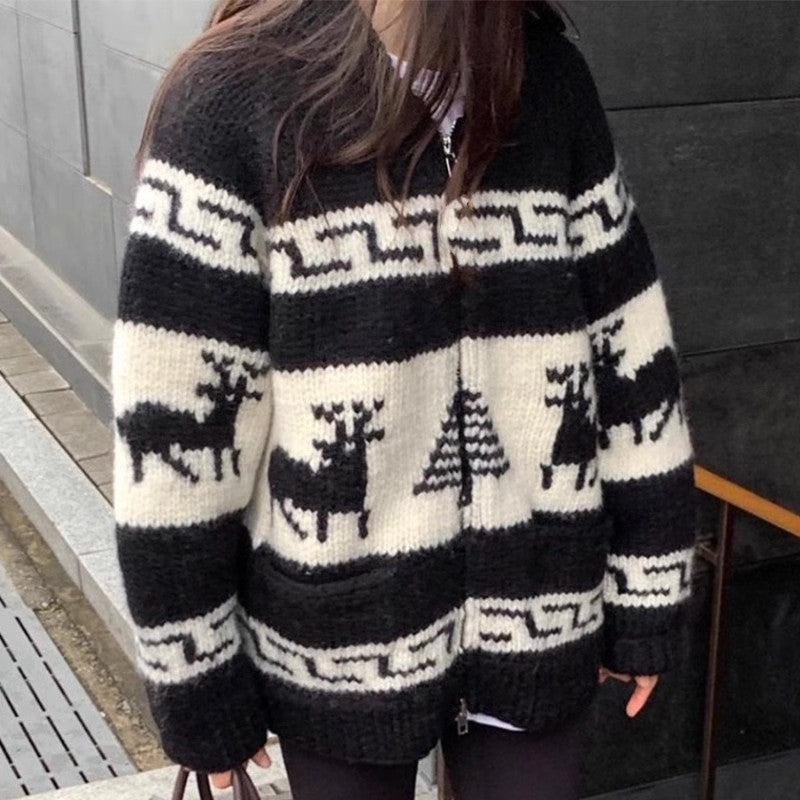 Women's Cozy Zip Cardigan with Festive Motif R&B