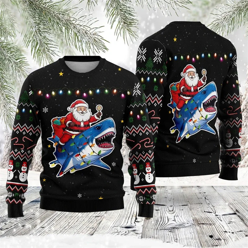 Colorful Santa Claus Cartoon Print - Black Holiday Icon Sweater