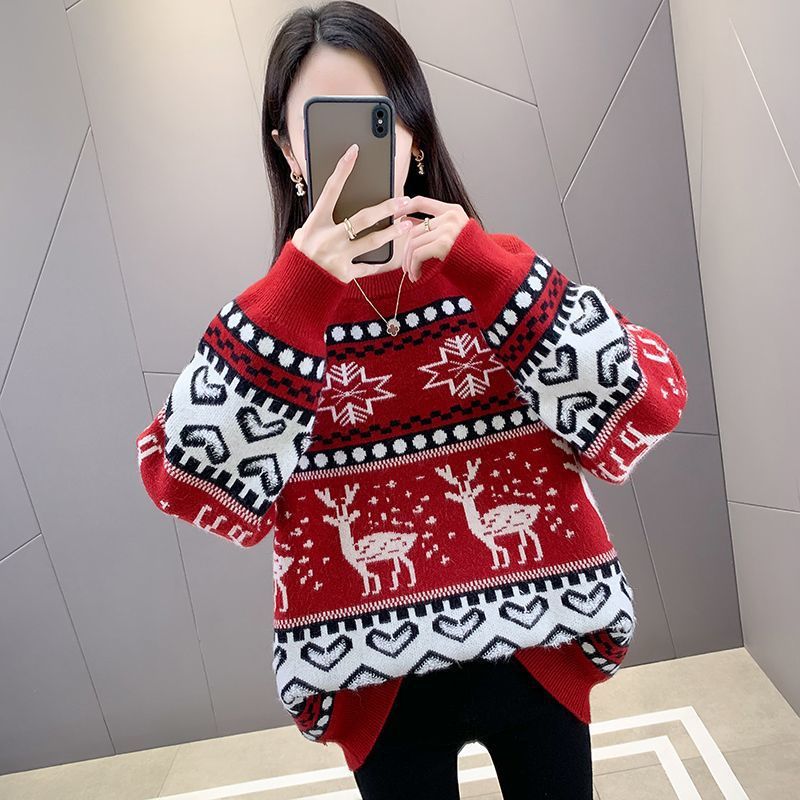 Women's Chunky Knit Sweater with Festive Reindeer Motif and Modern Design