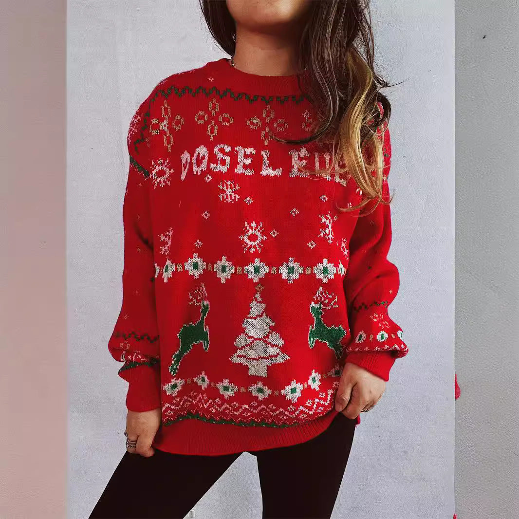 Women's Christmas Sweater with Festive Motif and Crew Neck