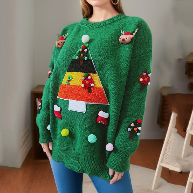 Women's Christmas Sweater with Cheerful Christmas Tree Design and 3D Appliqués R&B