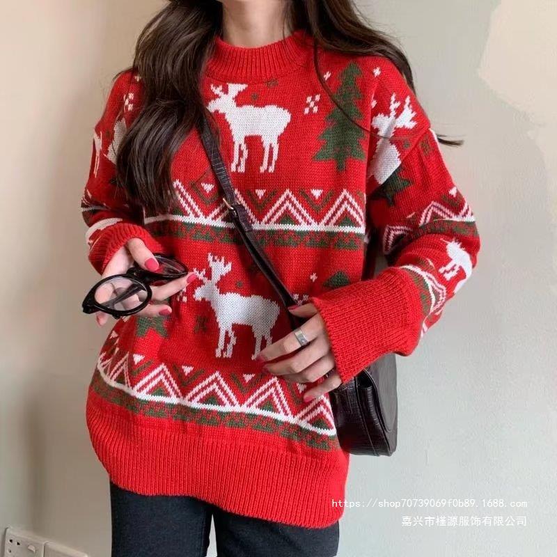 Women's Chunky Knit Sweater with Festive Reindeer Motif and Crew Neck R&B
