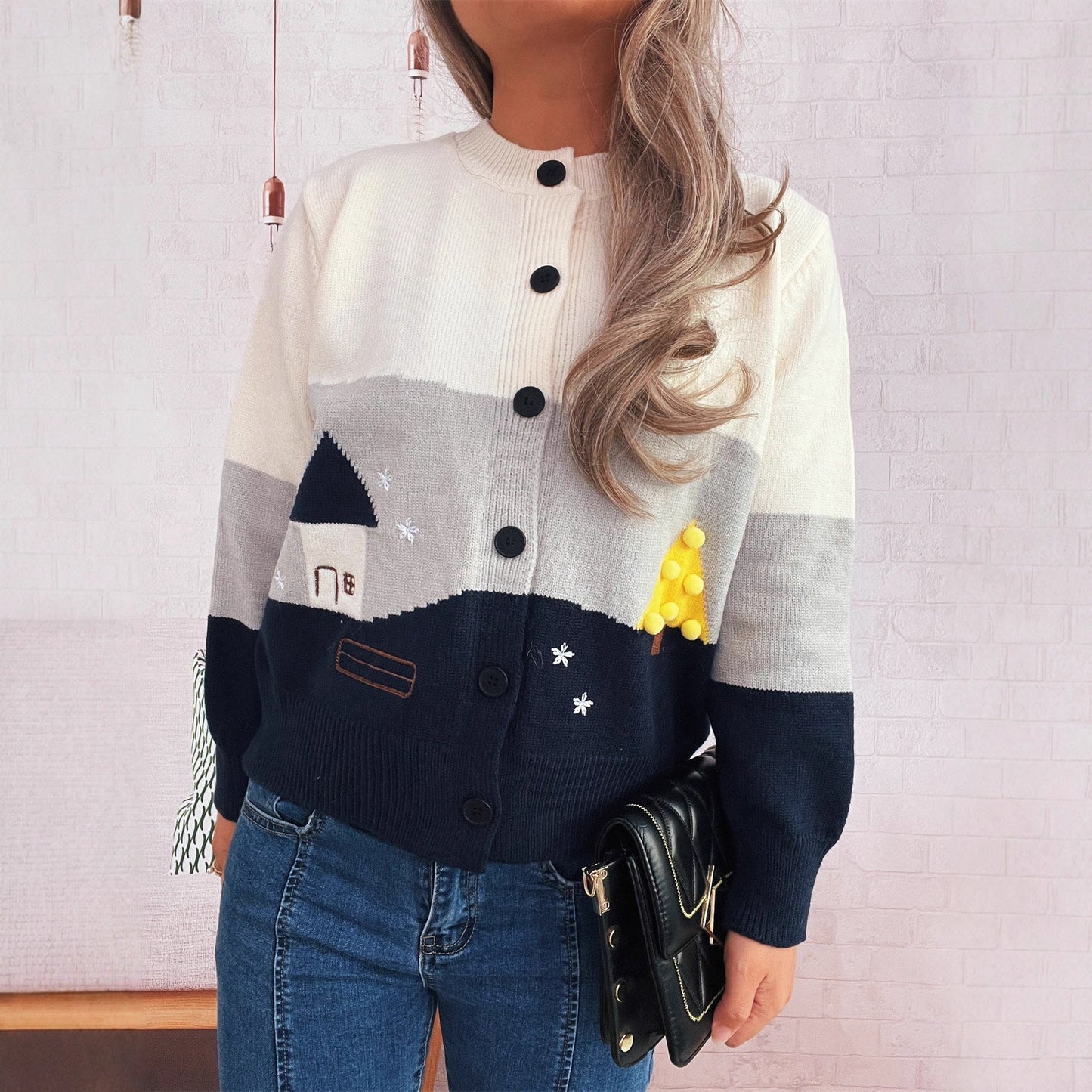 Women's Cardigan with Festive Motif and Button Details R&B