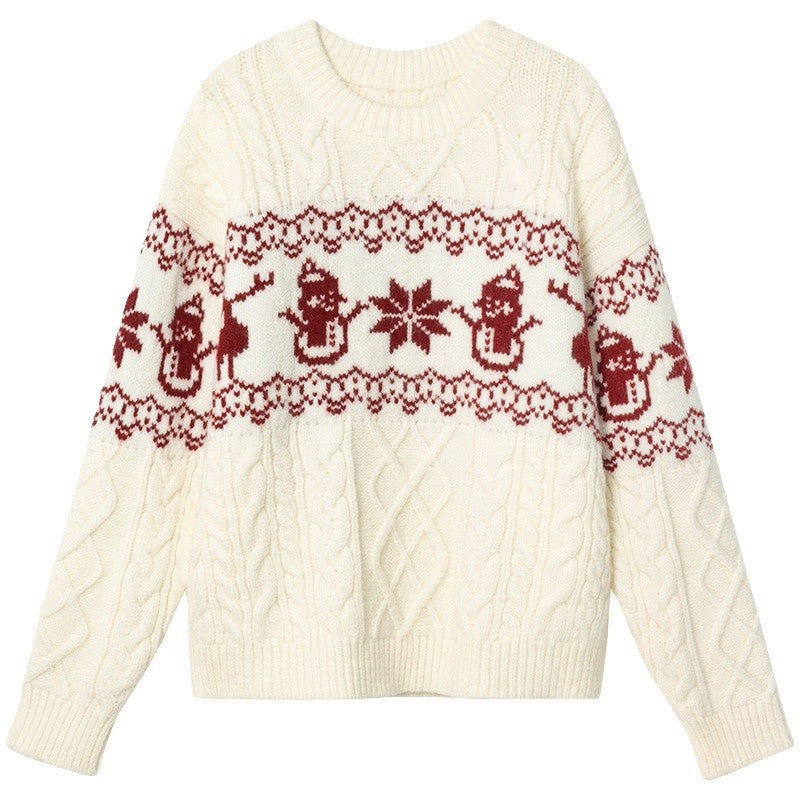 Women's Christmas Sweater with Festive Cable Pattern and Snowman Motif R&B