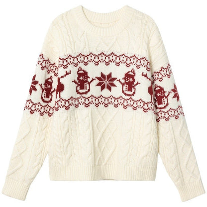 Women's Christmas Sweater with Festive Cable Pattern and Snowman Motif R&B