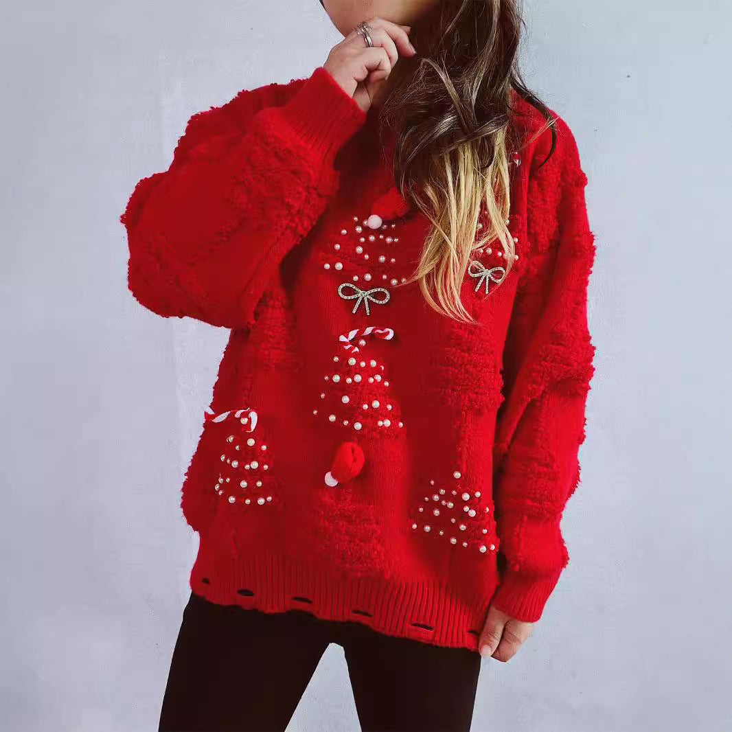 Women's Festive Sweater with Creative Christmas Motifs and Textured Design R&B