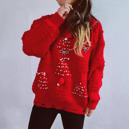 Women's Festive Sweater with Creative Christmas Motifs and Textured Design