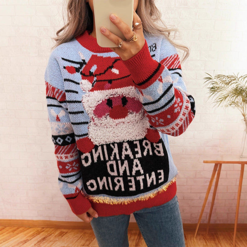 Women's Christmas Sweater with Creative Reindeer Motif and Cheerful Design R&B