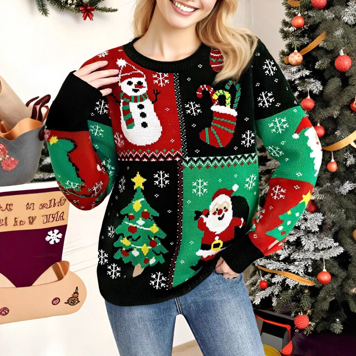 Women's Christmas Sweater with Fun Snowman and Christmas Tree Motif