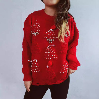 Women's Festive Sweater with Creative Christmas Motifs and Textured Design R&B