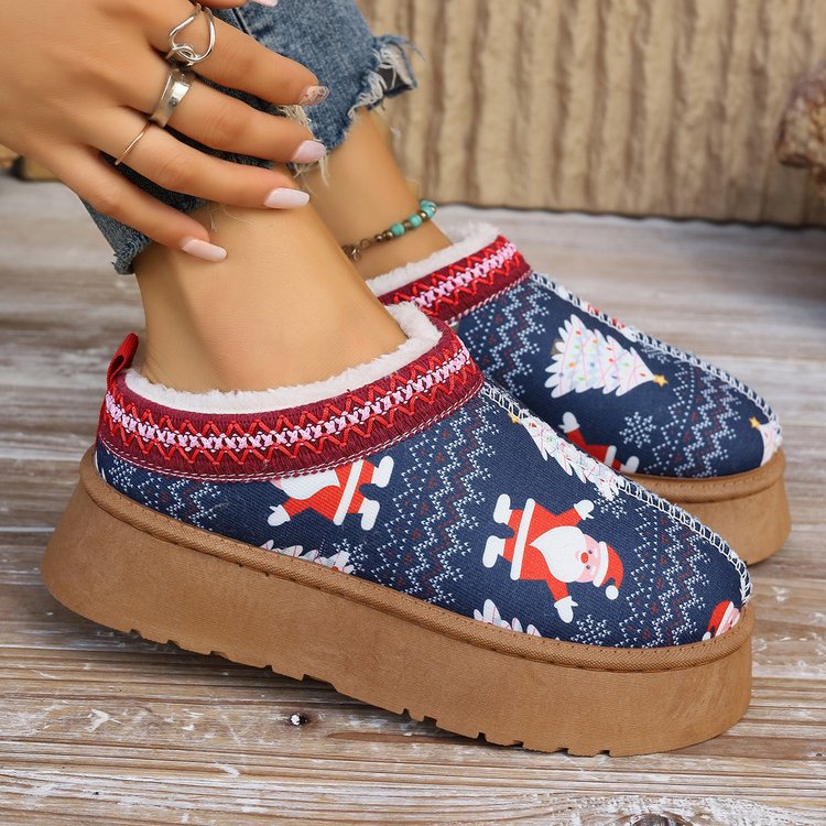 Women's Lined Platform Slippers with Christmas Print and Faux Fur Collar