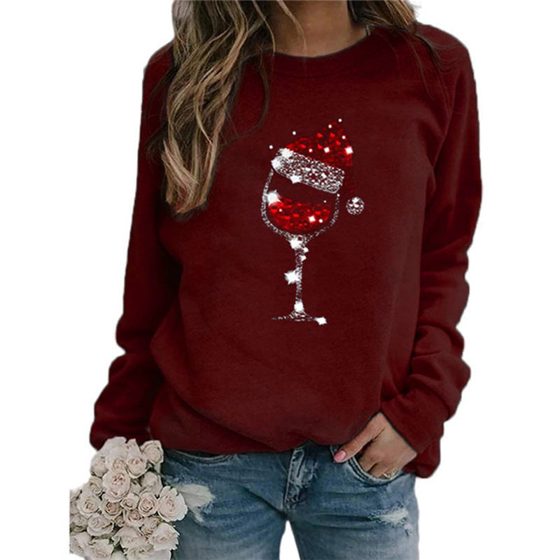 Women's Christmas Sweatshirt with Sequin Wine Glass and Crew Neck