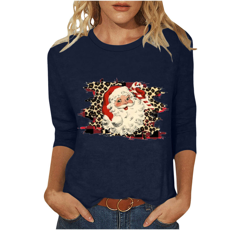 Women's Casual Sweatshirt with Retro Santa Claus Print, Leopard and Plaid Pattern and Three-Quarter Sleeves
