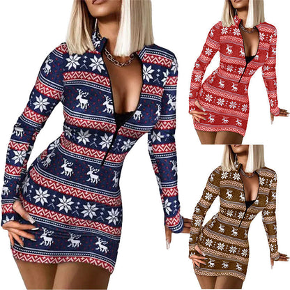 Women's Fitted Christmas Dress with Zipper R&B