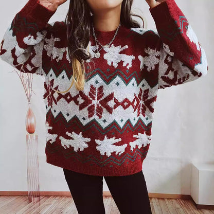 Women's Festive Knit Sweater with Christmas Design and High Collar R&B