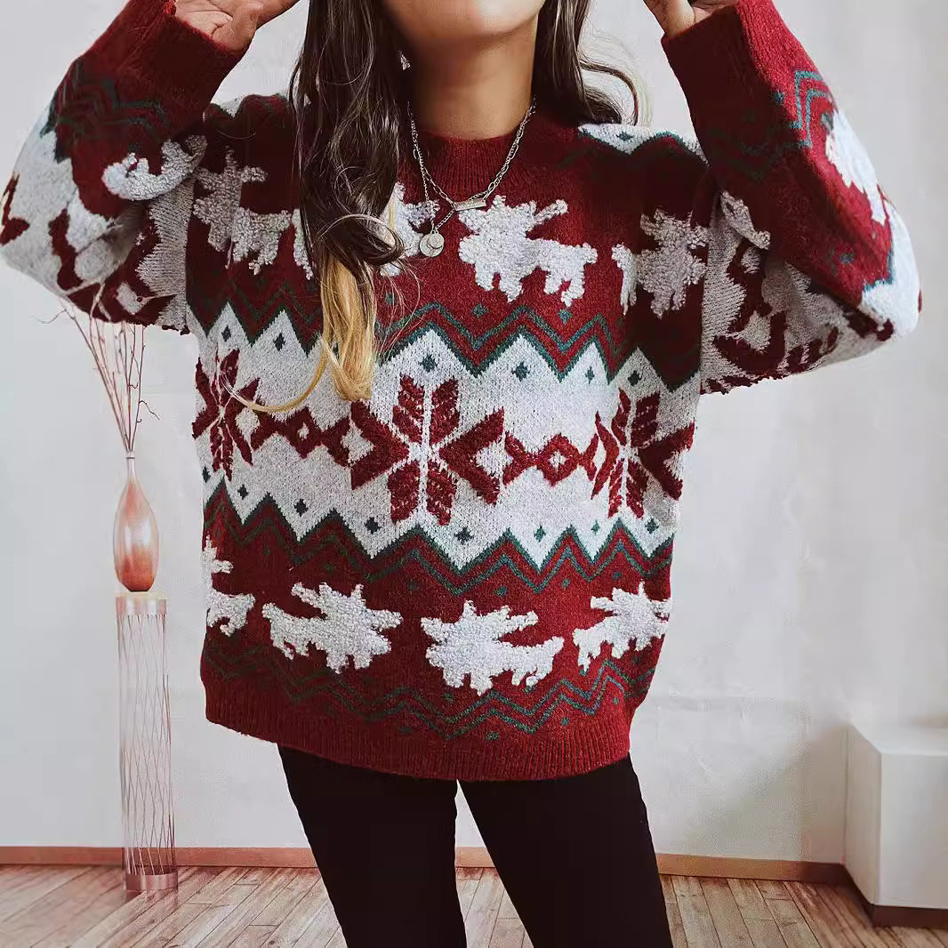 Women's Festive Knit Sweater with Christmas Design and High Collar