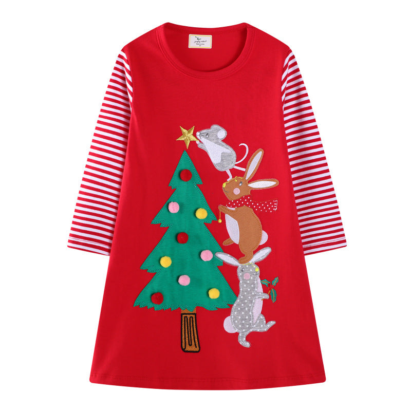 Girls' Cotton Dress with Festive Animal and Christmas Tree Design R&B