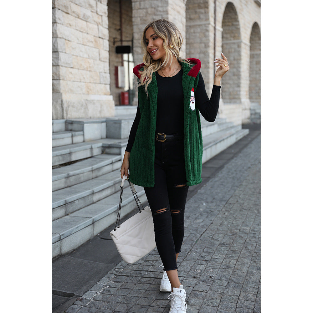 Women's Cozy Fleece Vest with Hood and Festive Embroidery