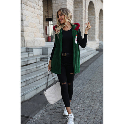 Women's Cozy Fleece Vest with Hood and Festive Embroidery