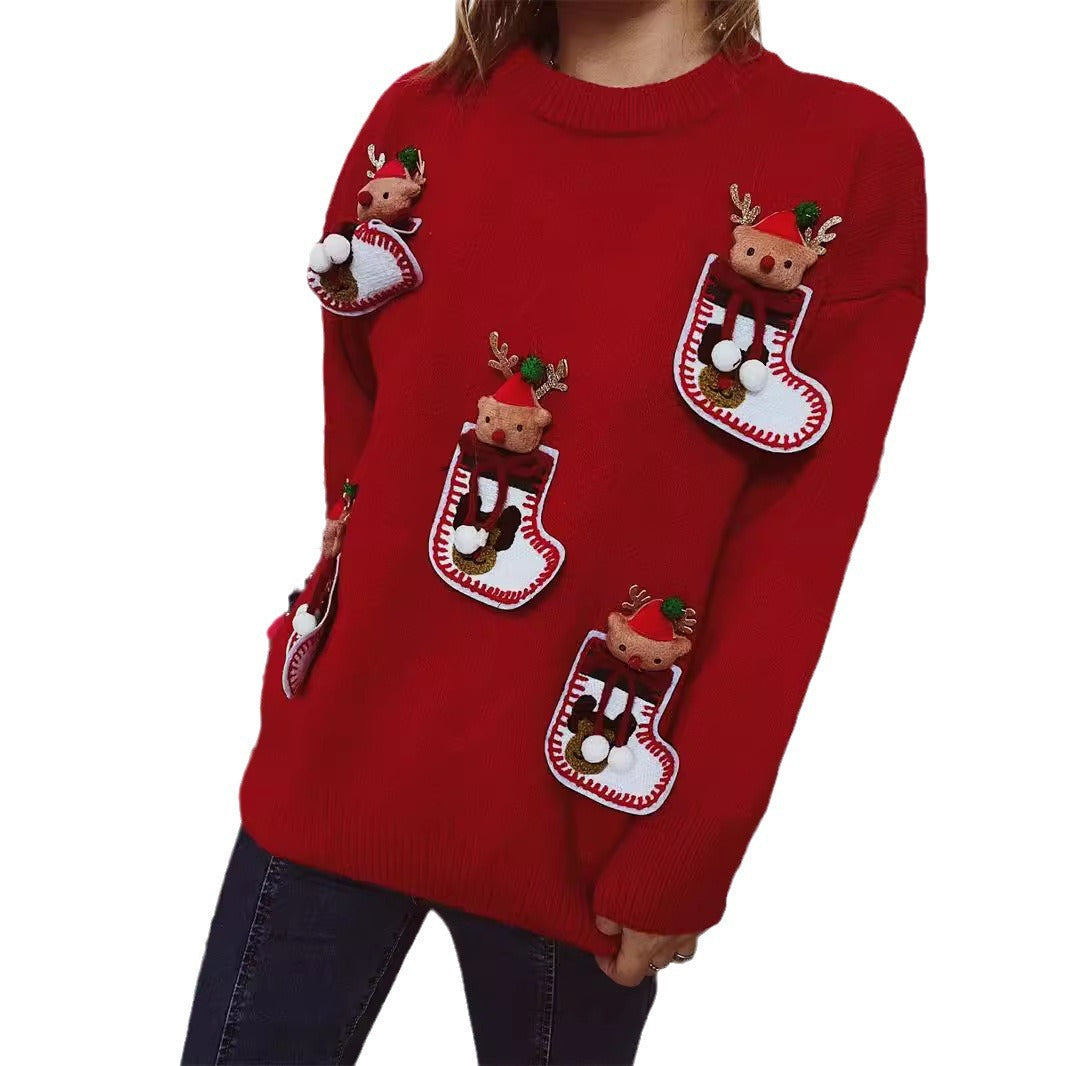Women's Christmas Knit Sweater with Festive Reindeer Motif and 3D Details R&B