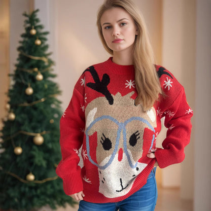 Women's Festive Sweater with Christmas Reindeer Motif and Relaxed Fit