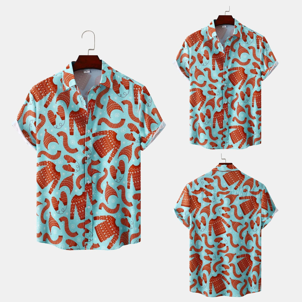 Men's Short-Sleeve Shirt with Creative Christmas Pattern and Breathable Cotton