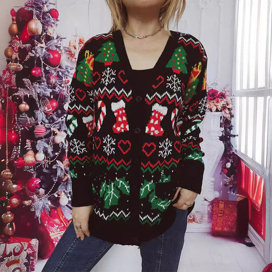 Women's Christmas Cardigan with Festive Motif and Practical Button Closure