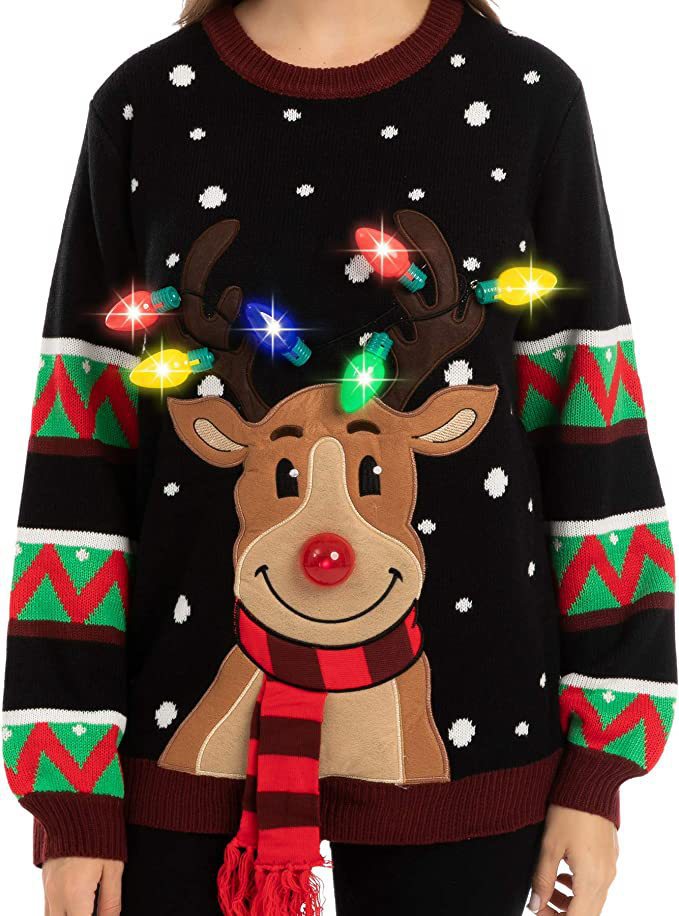 Women's Christmas Knit Sweater with Reindeer Appliqué, Built-In Fairy Lights and 3D Pom-Pom Nose R&B