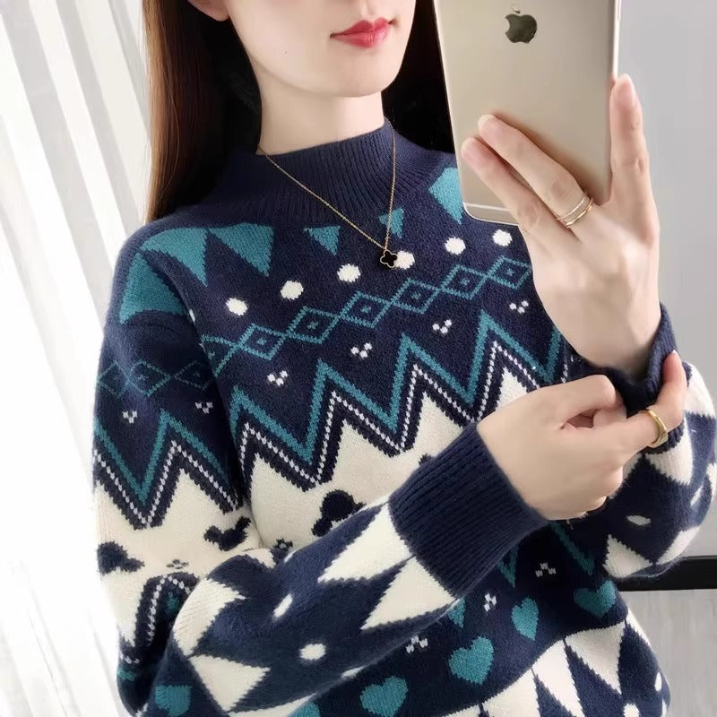 Women's Festive Knit Sweater in Modern Christmas Design with Geometric Pattern and Comfortable Crew Neck