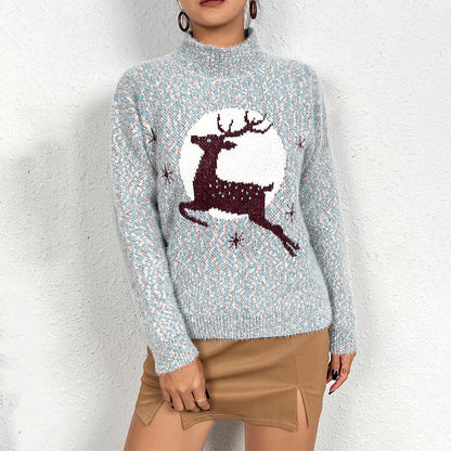 Women's Cozy Christmas Sweater with High Collar and Festive Reindeer Motif