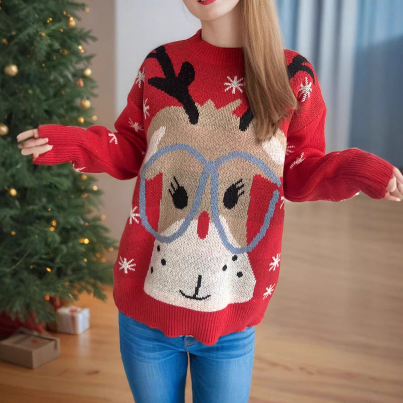 Women's Festive Sweater with Christmas Reindeer Motif and Relaxed Fit
