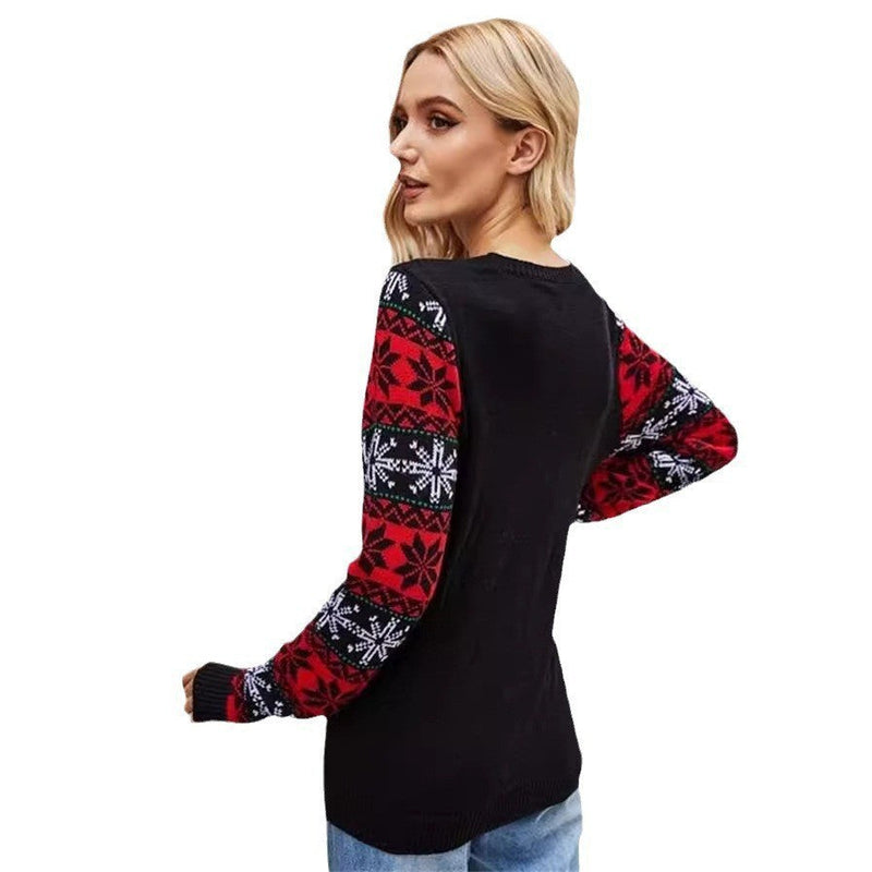Women's Christmas Knit Sweater with Festive Reindeer and Snowflake Motif