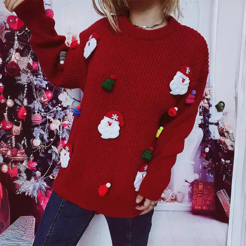 Women's Christmas Sweater with Festive Santa Motif and Textured Knit Quality