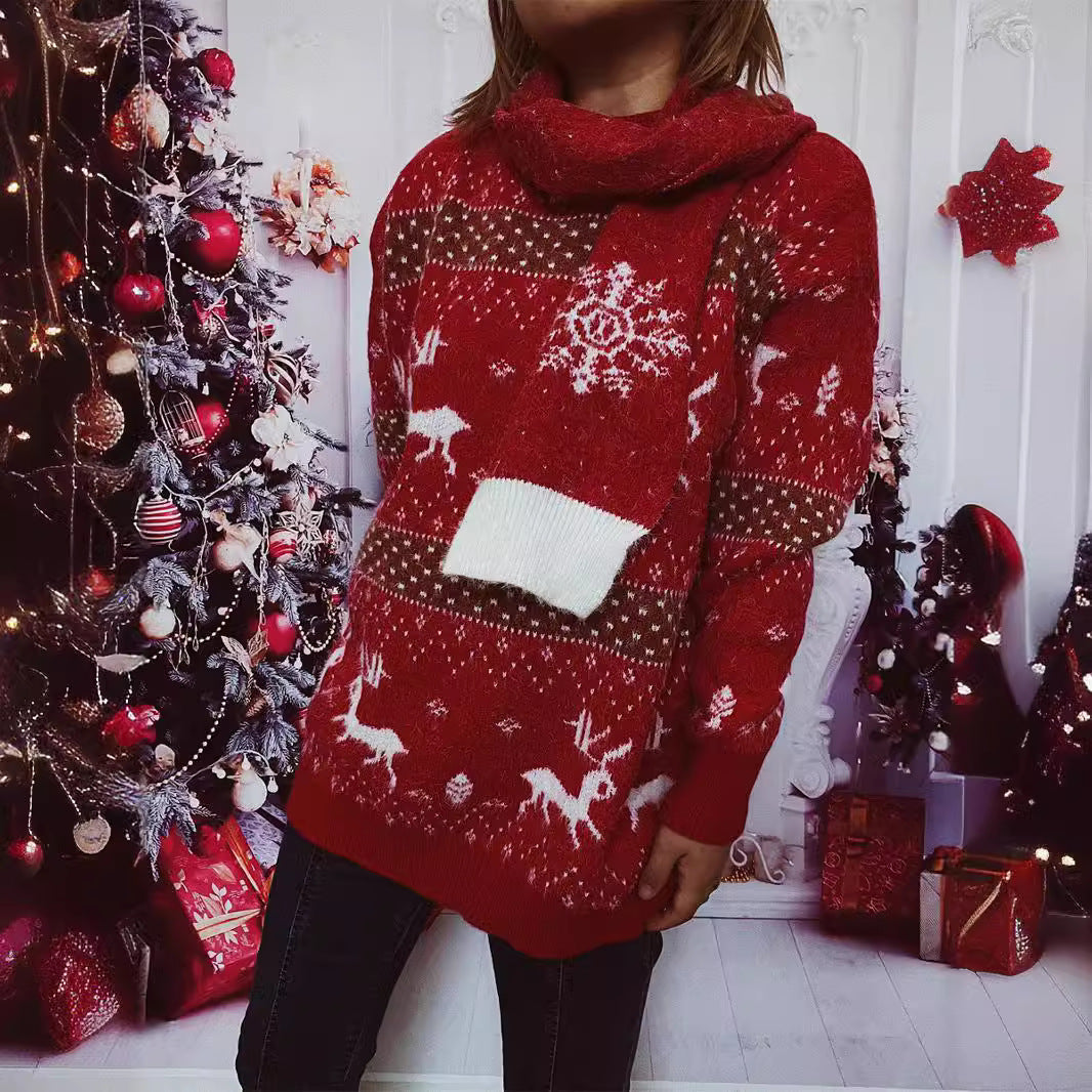 Women's Knit Sweater with Festive Reindeer Motif and High Collar R&B