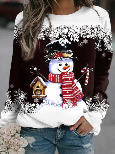 Women's Sweatshirt with Christmas Snowman Motif and Long Sleeves