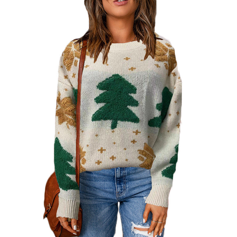 Women's Chunky Knit Sweater with Wintry Fir Tree Motif and Casual Cut