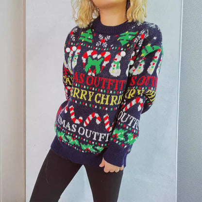 Women's Christmas Sweater with Colorful Motifs and Fun Appliqués