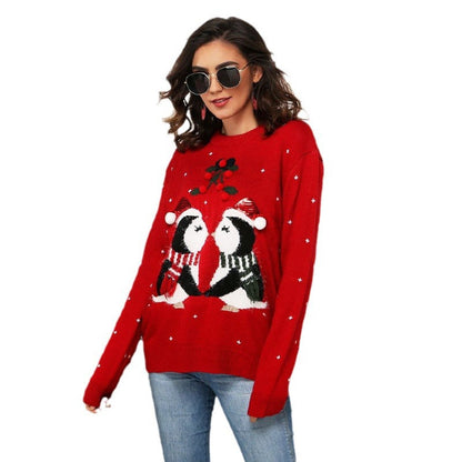 Women's Christmas Sweater with Cute Penguin Motif and Festive Design R&B